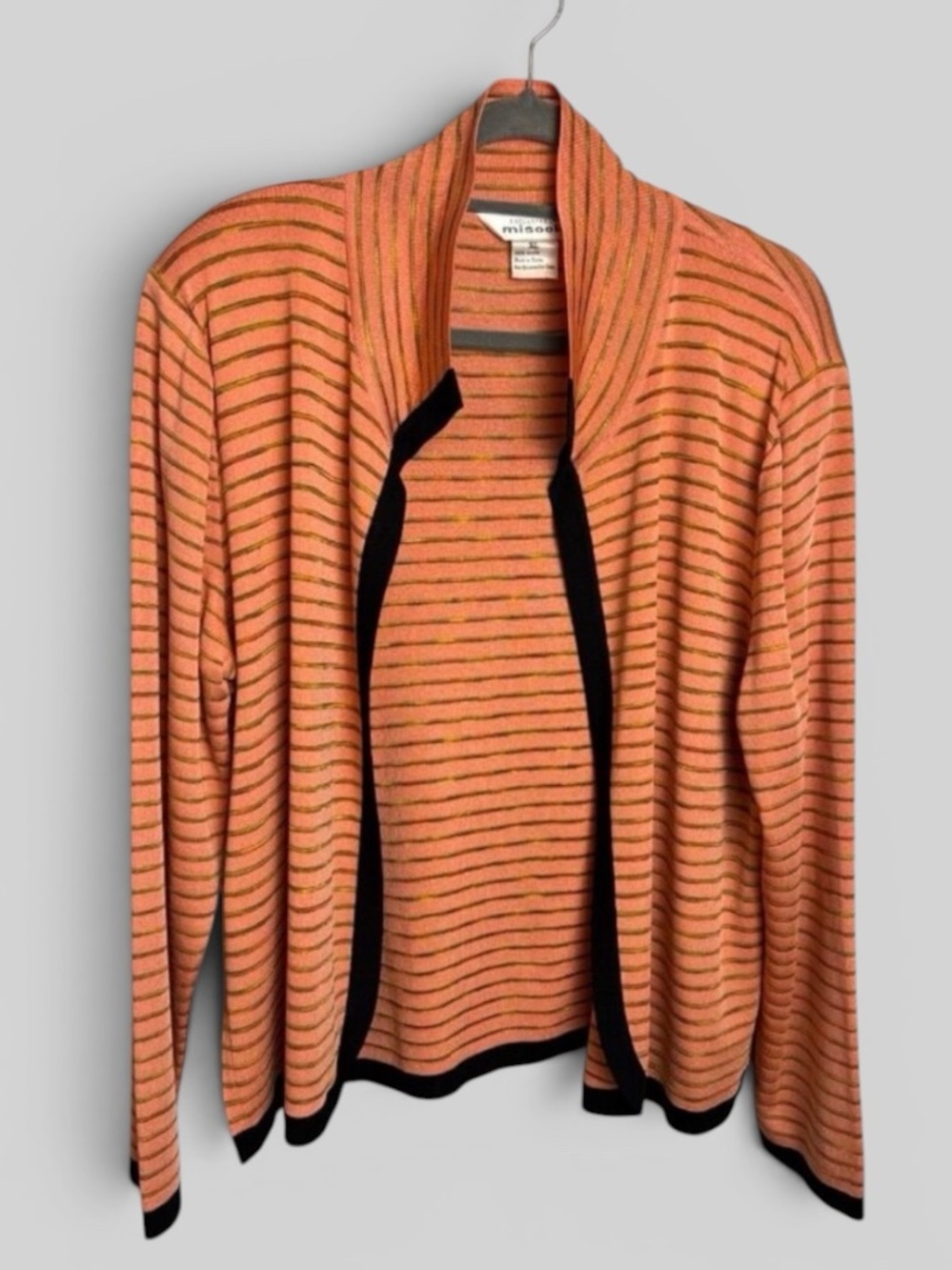 Exclusively Misook orange striped open front preppy ladies cardigan size XL chic